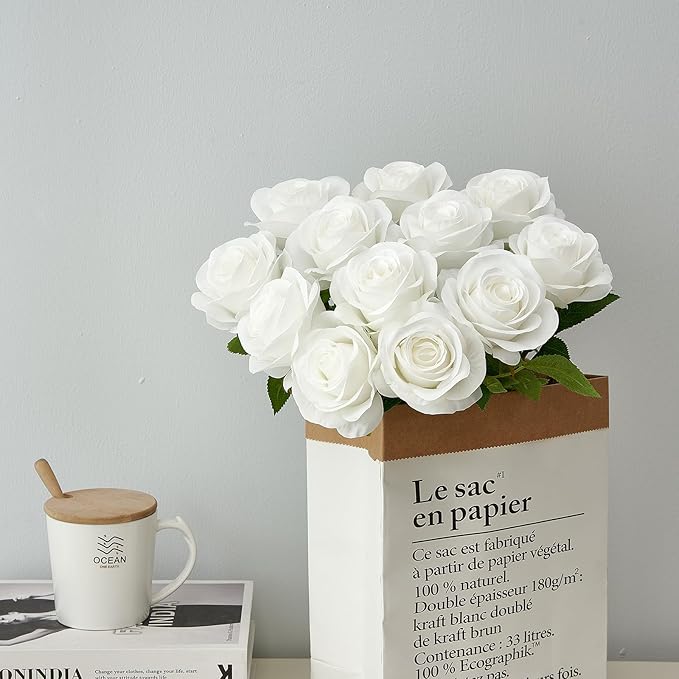 12pcs Roses Artificial Flowers Fake Roses White Silk Roses Flowers Rose with Long Stems for Wedding Home Party Centerpieces Decorations