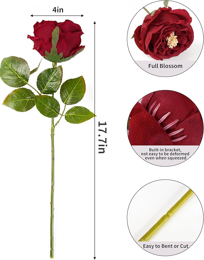 DuHouse 5Pcs Silk Roses Fake Red Roses with Stems Real Touch Rose Artificial Flowers for Arrangement Wedding Party Home Decoration