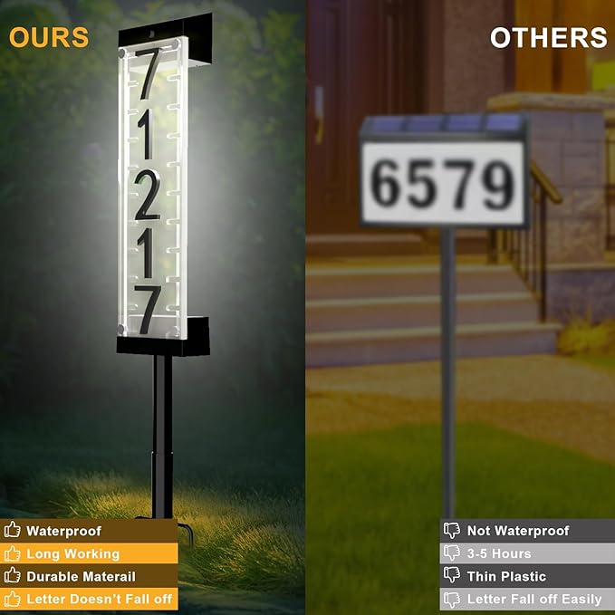 Solar House Number [Upgrade 3D Acrylic Number] Solar Address Sign Increase Brightness, Number Is Bold, Anchor Is Made Of Iron,Solar House Number Sign with Two Lighting Modes and Two Installation (White)(Manual without remote control) (Warm White)