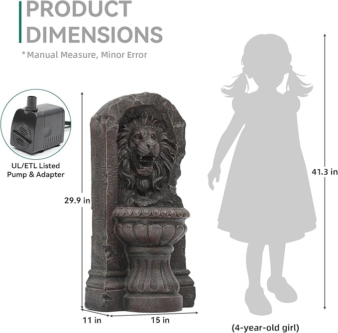 30" Lion Head Outdoor Water Fountain with LED Lights, 2-Tier Resin Garden Fountain, Tranquil Cascading Waterfall for Patio Yard Deck or Porch, Faux Bronze Finish, Weather-Resistant