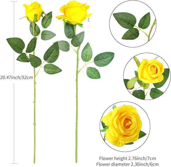 Hawesome 12PCS Artificial Silk Flowers Realistic Roses Bouquet Long Stem for Home Wedding Decoration Party (Yellow 1)