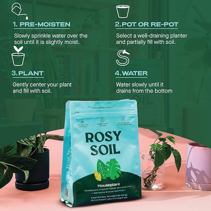 Rosy Soil Indoor Potting Soil for House Plants - Organic Potting Soil Mix for Indoor Plants - Enriched w/Root-Boosting Biochar for Foliage Plants, Flowers, Herbs - Peat Free, Less Prone to Gnats - 8qt