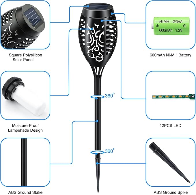 Solar Lights Outdoor 12 Pack, Solar Torch Light with Flickering Flame, Waterproof Outdoor Lighting Solar Powered Pathway Lights, Decoration Lighting for Garden Yard Patio, Auto On/Off