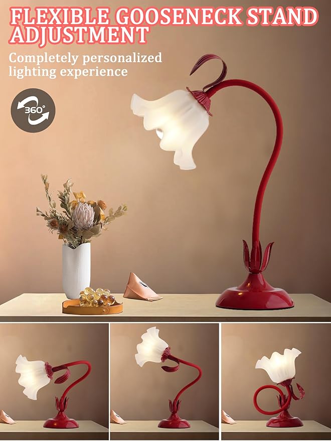 Flower Table Lamp,LED Reading Light Bedside Vintage Flower Night Light,3 Colors Modes Kawaii Bedside Lamps Decor,Living Room Bedroom Room Lighting Table Lamps Home Decoration (Red)
