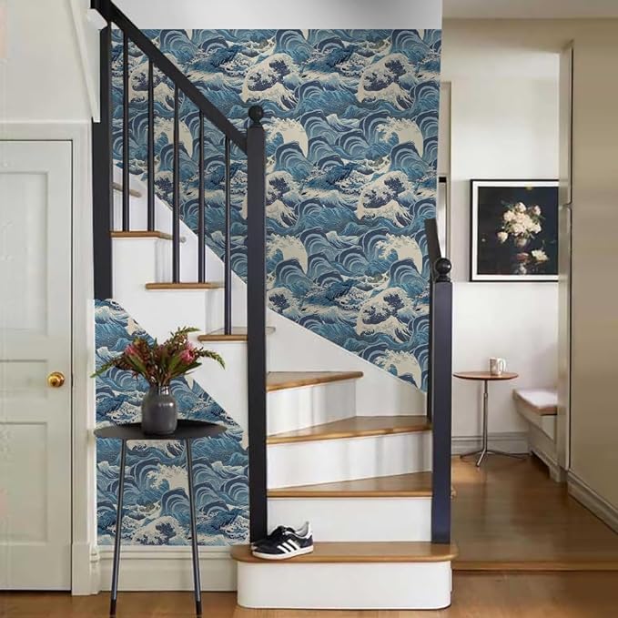 Hand Drawn Blue Sea Wave Reef Peel and Stick Wallpaper Self Adhesive Removable Easy Peel Off Stick on Wall Paper for Bedroom Cabinet Renter Friendly