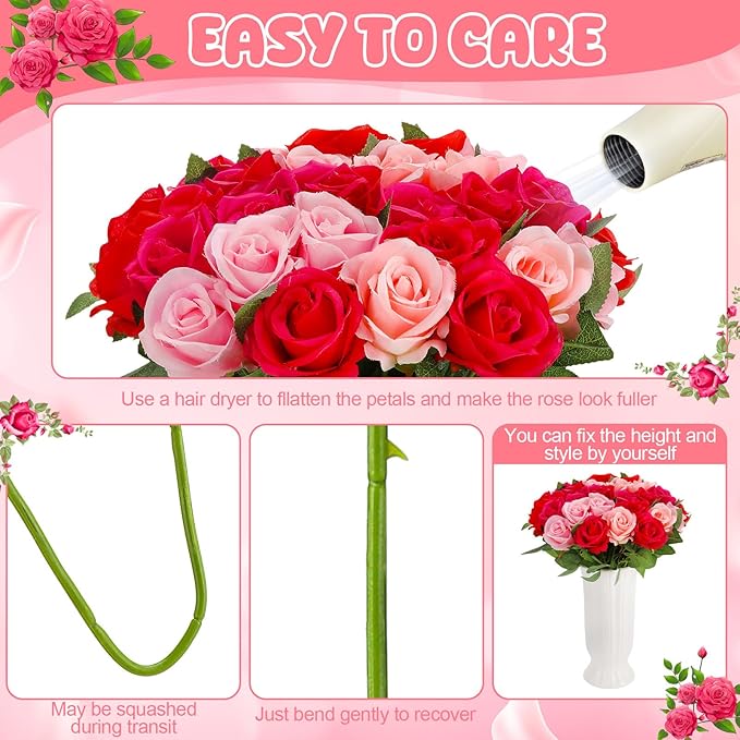 36 Pcs Mixed Pink Red Artificial Roses with Long Stems, Fake Silk Rose Artificial Flowers Bulk for Bridal Wedding Bouquet Centerpiece Ball Arrangement Party Decor
