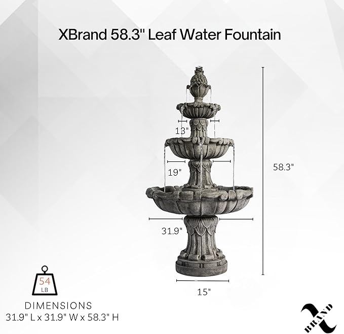XBrand 58.3" 3-Tier Outdoor Water Fountain – Freestanding Classic Leaf Design with Bird Bath, Pump & Large Water Capacity – Garden, Yard, Lawn, or Patio Décor