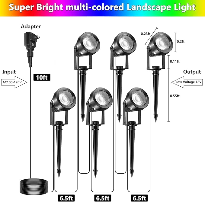 RGBW Color Changing Landscape Lighting,12V Low Voltage Landscape Lights Spotlights with Transformer Remote Control Decorative for Garden, Yard, Lawn, Pool, 44ft Cable(6-in-1)