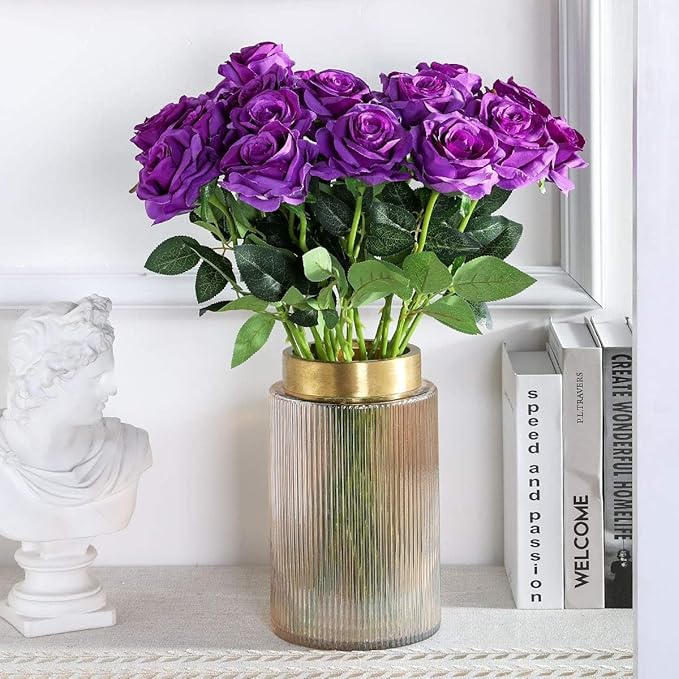 Purple Fake Roses Artificial Flowers - 10 Pcs Fake Artificial Roses Silk Flowers with Stems for Home Wedding Hotel Office Centerpiece Decor