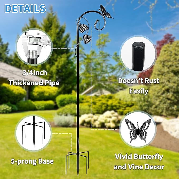 Shepherds Hooks for Outdoor Hummingbird Bird Feeder Pole Hanger 49 Inches with 5 Prongs Base Stainless Metal Adjustable Garden Hanging Holder Weddings Garden Decor Butterfly 2-Pack