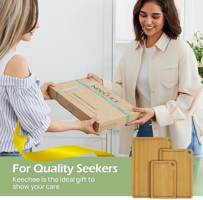 Wood Cutting Board for Kitchen - Reversible Bamboo Cutting Boards Gift Set of 3 with Juice Groove, Wooden Chopping Board for Meat, Fruit, Vegetables & Cheese (Pre Oiled, Natural)