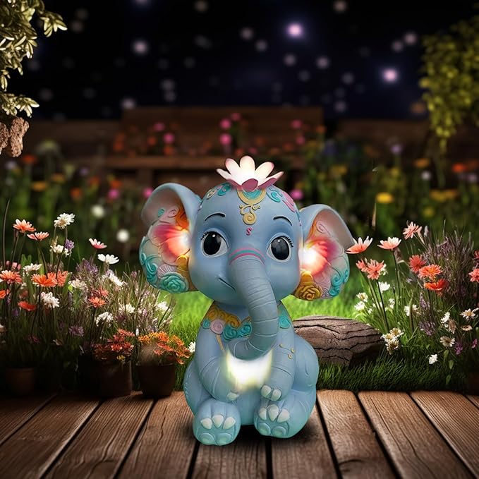 Solar Garden Outdoor Statue Elephant with 4 LED Lights,Lawn Decor Statue for Patio, Balcony,Yard Ornament,Ideal Gift for Christmas,Women,Mom,Grandma,Birthday or Unique Housewarming