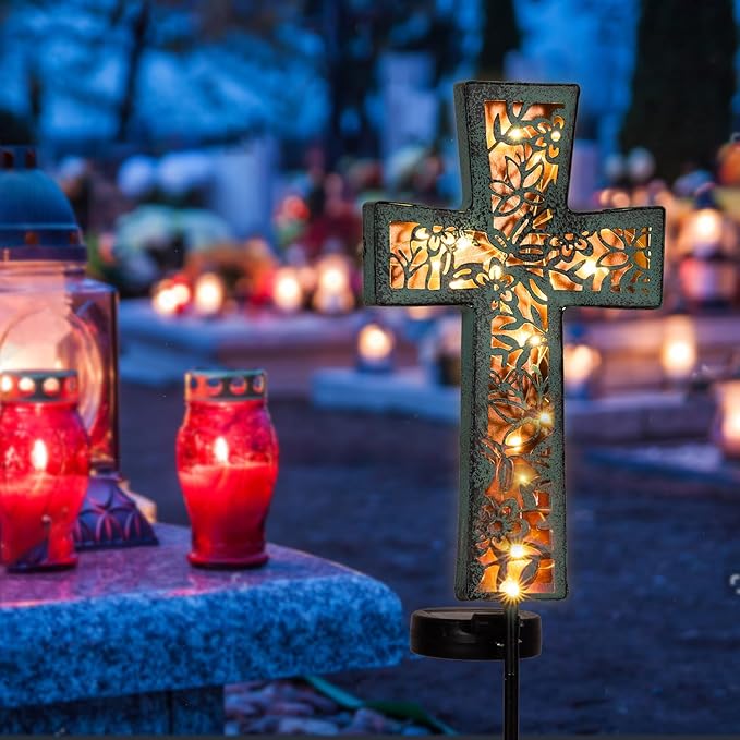 Solar Cross Garden Stake Lights 38inch Outdoor Waterproof Memorial Garden Decor 2 Lighting Modes Cemetery Decorations for Grave for Remembrance Gifts & Sympathy Gifts (Blue Cross)