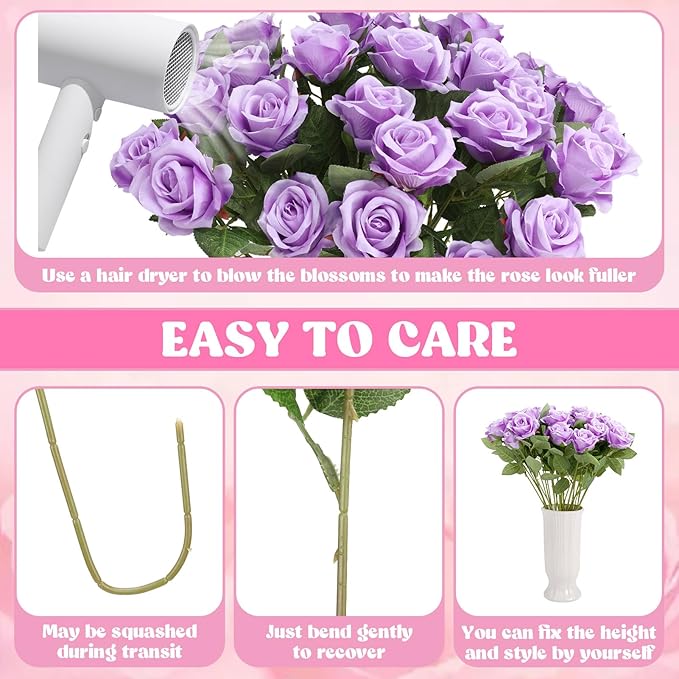 36 Pcs Silk Purple Rose Bouquet Bridal Artificial Flowers,Fake Rose Long Stem Realistic Artificial Flowers Bulk for Wedding Bouquet Ball Arrangement Centerpiece Party Decor