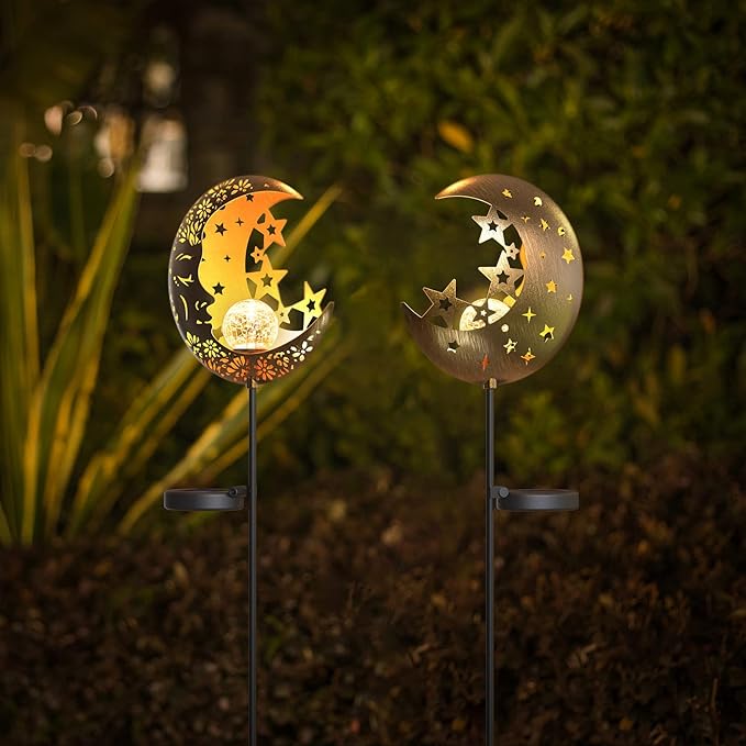 Moon Solar Lights Outdoor Garden Decorative Star Solar Lantern with Warm Light Waterproof Metal Outdoor Decoration for Patio, Pathway or Yard Garden Decor