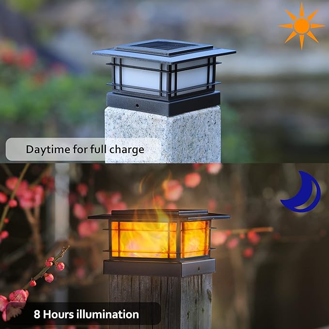 Dynaming 6 Pack Solar Flame Post Lights Outdoor, Solar Powered Fence Post Cap Lights, High Brightness Flickering Flame SMD LED Lighting Decor for Garden Deck Patio, 4x4, 5x5 or 6x6 Vinyl/Wooden Posts