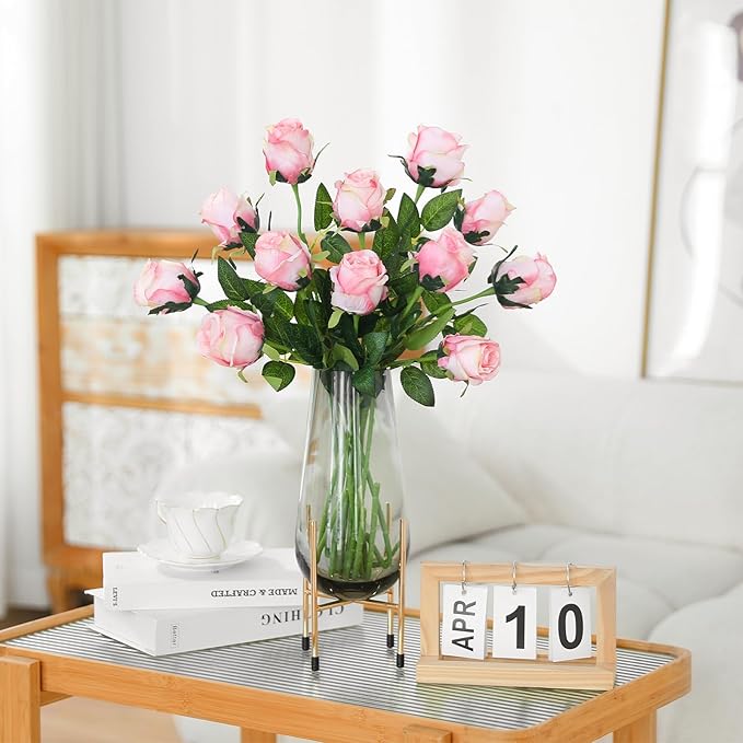 12Pcs Realistic Fake Light Pink Roses Faux Flowers with Long Stems, Artificial Silk Rose Flowers for Valentines Day Home Wedding Decor Bridal Bouquet