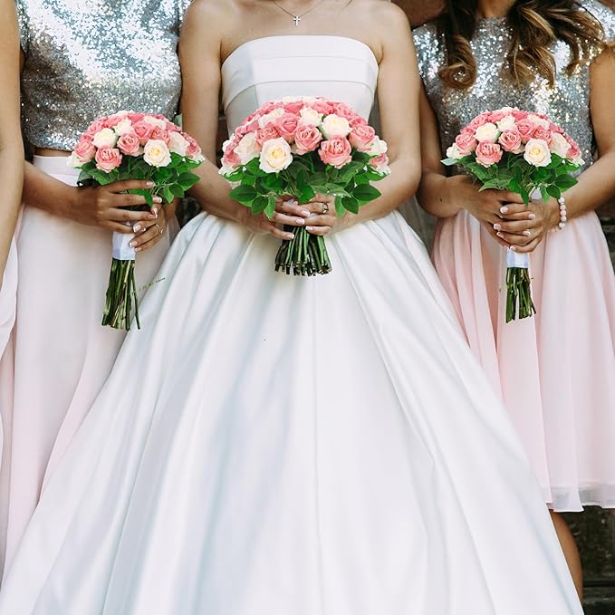 36 Pcs Pink Champagne Rose Artificial Flowers Bulk with Long Stem,Realistic Silk Fake Roses Plastic Roses Bouquet Artificial Flowers for Bridal Wedding Arrangement Table Centerpieces Decor