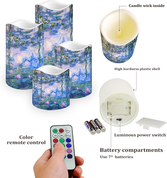 Ystardream Monet's Water Lily Flameless Candles with Timer Led Candles Flickering 4 Candle Sets for Home Decor,18 Key Remote Control，Dancing Flame, True Wax, Battery Powered.