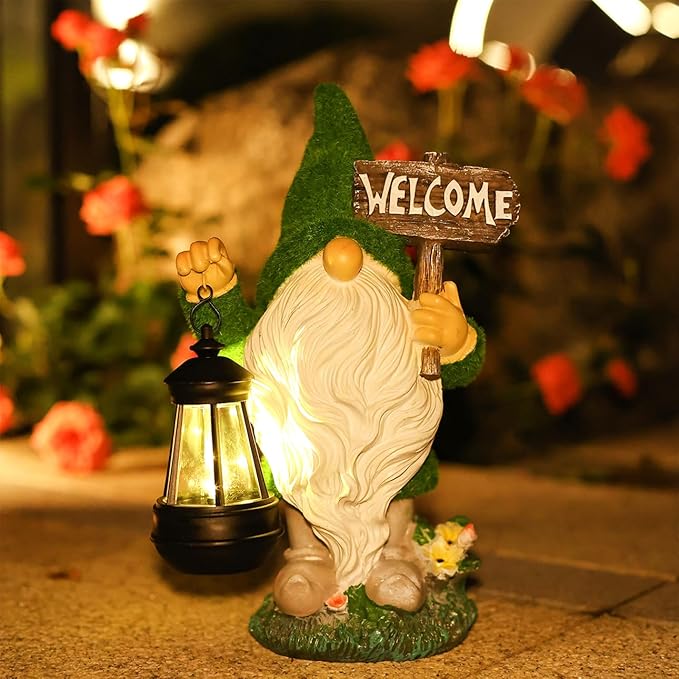 Garden Outdoor Statues, Solar Gnome Statues,Gnome Decorations with Solar Outdoor Lights for Garden Decor, Garden Sculptures & Statues for Front Porch Patio Lawn, Gifts for Mom, 13"", Green