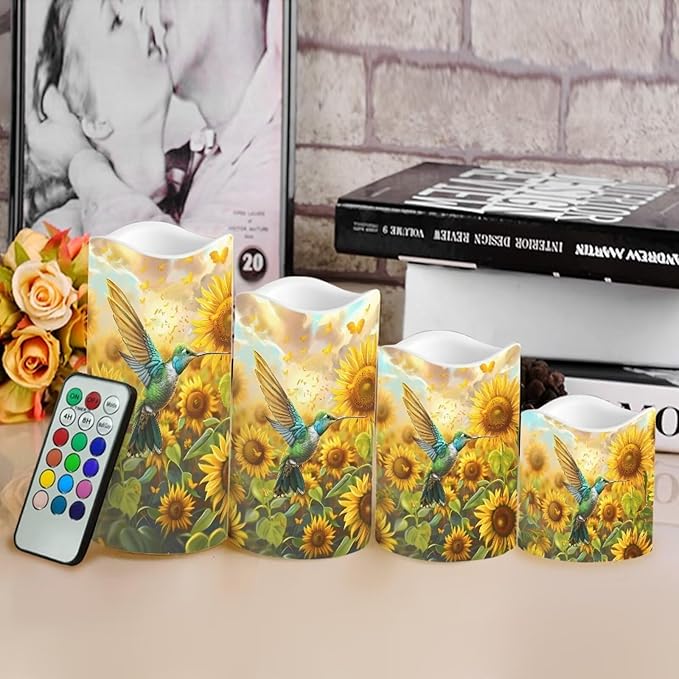 Ystardream Operated Candles with Flickering Flame Flameless Taper Candles Flickering Operated Electric Pillar Candle LED Candle for Indoor Outdoor Home Decor Hummingbird Sunflower