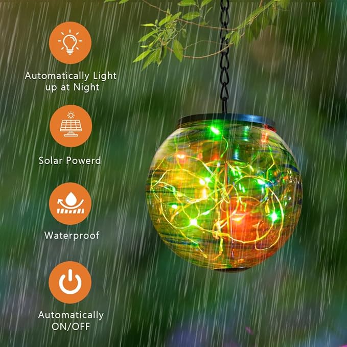 Color Changing Hanging Solar Lanterns Outdoor Waterproof LED Glass Solar Globe Light with S Hooks,Gazing Ball Outdoor Decorative Lanterns for Patio,Pathway,Yard,Garden Decor Gift for Women