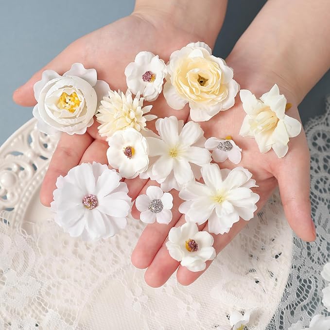 Faux Flower Heads Mini White Artificial Flower Heads Fake Peony Daisy Rose Flowers Multicolor Small Silk Daisy Flower Heads for Craft Garland Wedding Party DIY Home Decoration,2-4 cm
