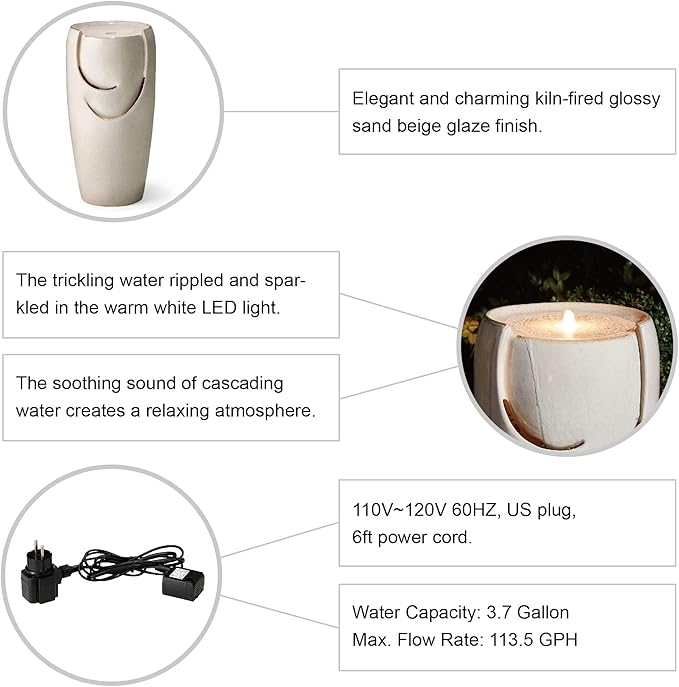 Glitzhome 29.25" H Oversized Ceramic Vase Outdoor Water Fountain Tall Patio Garden Water Fountain with LED Light and Submersible Pump Yard Art Decor, Sand Beige