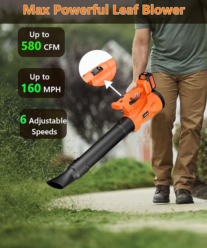 Leaf Blower Cordless with 2 3.0Ah Battery and Charger, 580CFM/160MPH Electric Leaf Blower with 6 Speed Modes, Cruise Control, Blowers for Lawn Care, Patios, Blowing Leaves and Dusts