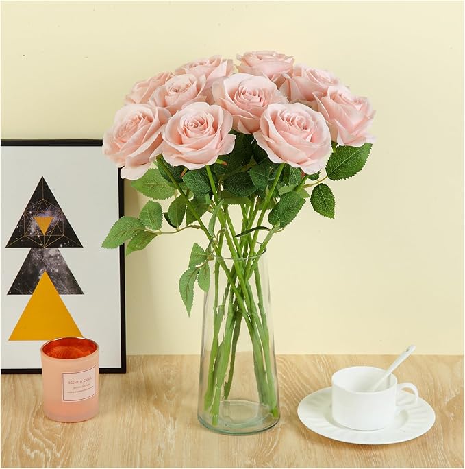 12pcs Blush Roses Artificial Flowers Fake Roses Silk Flowers Roses with Long Stems for Wedding Home Party Centerpieces Decorations