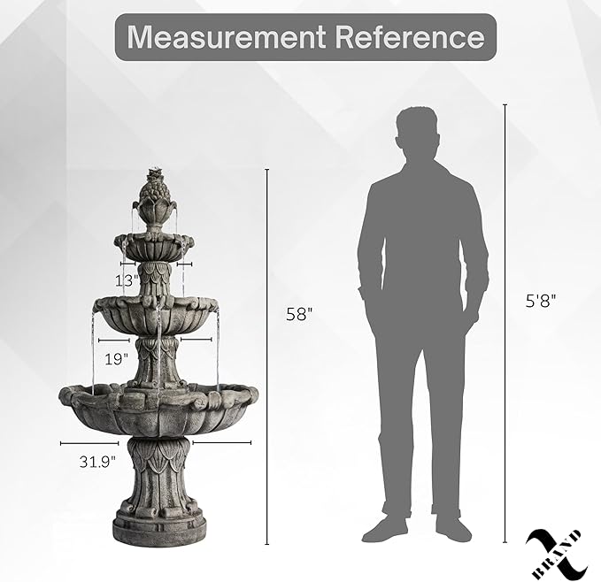 XBrand 58.3" 3-Tier Outdoor Water Fountain – Freestanding Classic Leaf Design with Bird Bath, Pump & Large Water Capacity – Garden, Yard, Lawn, or Patio Décor