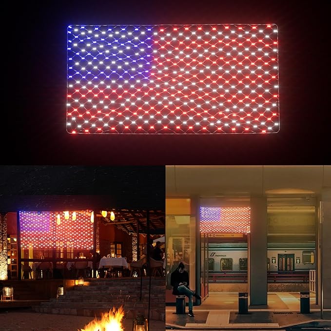 Leisure world 384 LED American Flag Net Lights for Outdoors, 6.6 FT x 3.3 FT Light Up American Flag, American Led Flag Patriotic Lights for Camper, Yard, Garden Memorial Day, Christmas Decorations
