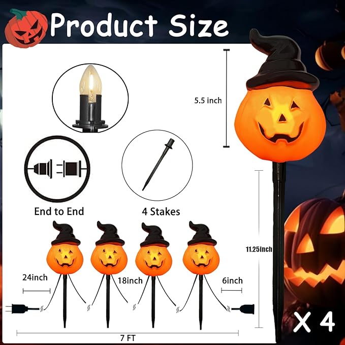 4 Pack Halloween Pumpkin Witch Hat Pathway Lights –7Ft LED Outdoor Halloween Decorations, Waterproof Halloween Garden Stake Lights Perfect for Outdoor Pathway, Yard, Walkway, Lawn and Driveway Decor