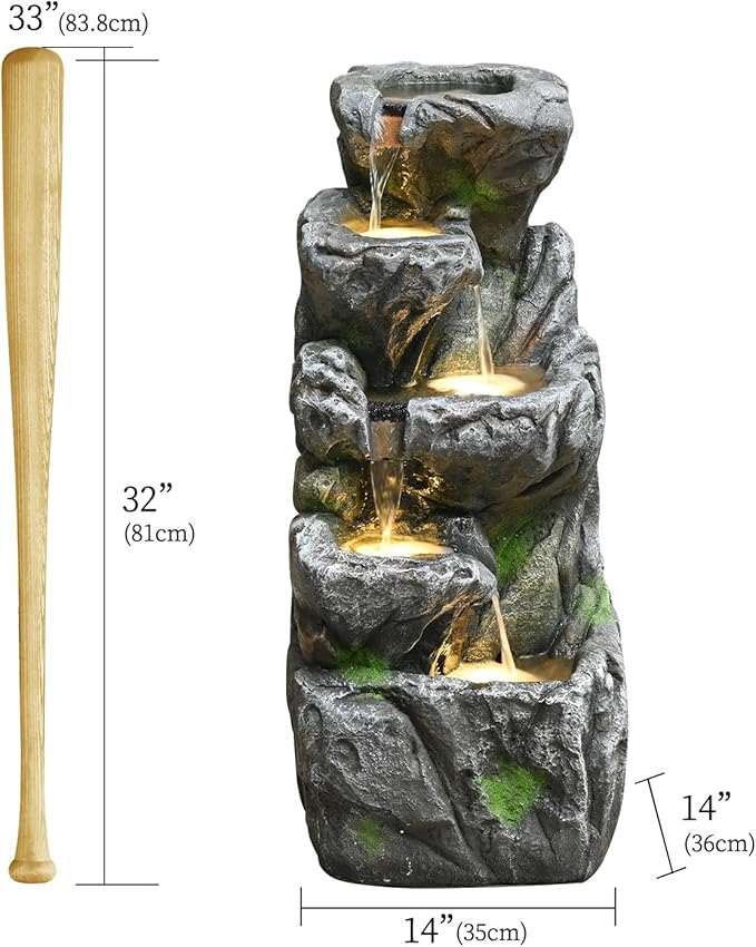 Water Fountain Outdoor 31.59" H Cascading Rock 5-Tier with LED Lights Waterfall for Garden, Landscaping, Patio, Backyard, Balconies, Lawns, Porch and Home Art Decor Living Space