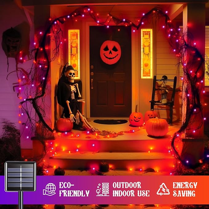JMEXSUSS Orange and Purple Solar Halloween Lights, 2 Pack Each 100 Led Solar String Lights Outdoor Waterproof for Halloween Tree Christmas Decoration