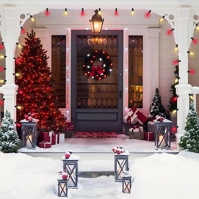 C7 LED Christmas Lights Outdoor, 25FT Red and Frosted White Christmas Lights with 27 LED Energy-Efficient Bulbs, Hanging Outdoor Decorations Vintage Christmas Lights for Party Tree Patio Garden Yard