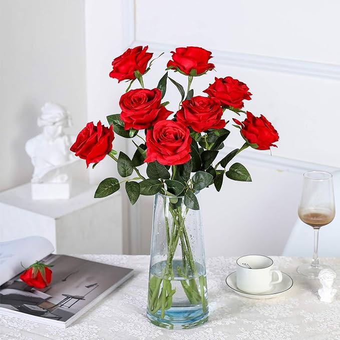 Hawesome 12PCS Artificial Silk Flowers Realistic Roses Bouquet Long Stem for Home Wedding Decoration Party (12pcs-red 1)