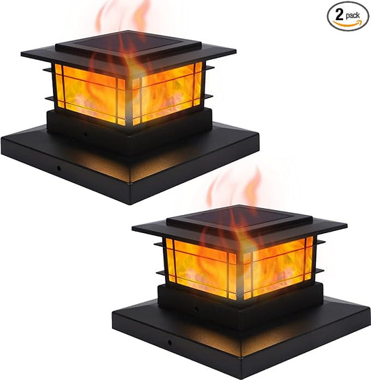 Dynaming 2 Pack Solar Flame Post Lights Outdoor, Solar Powered Fence Post Cap Lights, High Brightness Flickering Flame SMD LED Lighting Decor for Garden Deck Patio, 4x4, 5x5 or 6x6 Vinyl/Wooden Posts