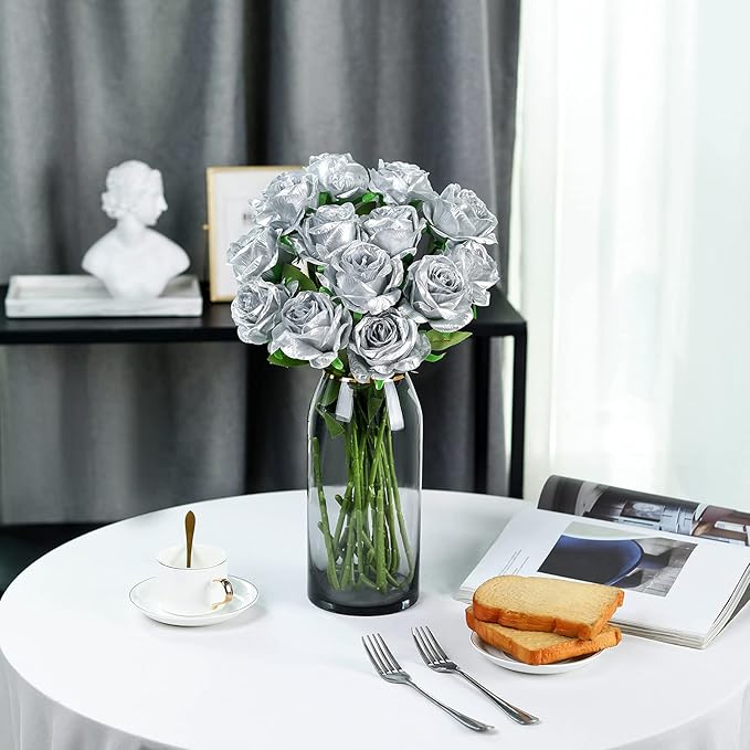 Hawesome 12PCS Artificial Silk Flowers Realistic Roses Bouquet Long Stem for Home Wedding Decoration Party (Silver 1)