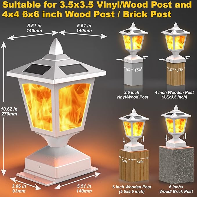 Solar Post Flame Light,Outdoor Deck Fence Post Cap LED Light,Waterproof 4x4 5x5 6x6 White Post Top Solar Powered Light with Flickering Flame for Garden Outside, 4 Pack