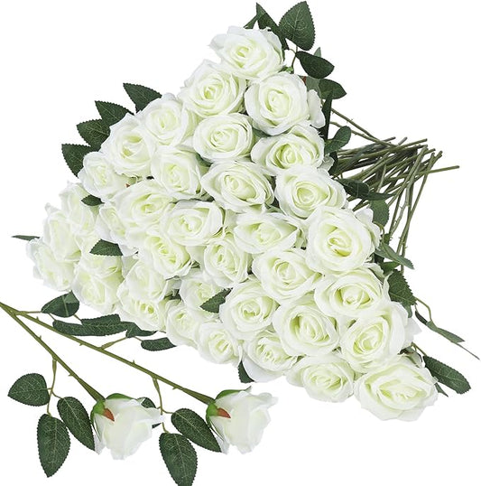 36 Pcs Silk White Rose Bouquet Bridal Artificial Flowers,Fake Rose Long Stem Realistic Artificial Flowers Bulk for Wedding Bouquet Ball Arrangement Centerpiece Party Decor