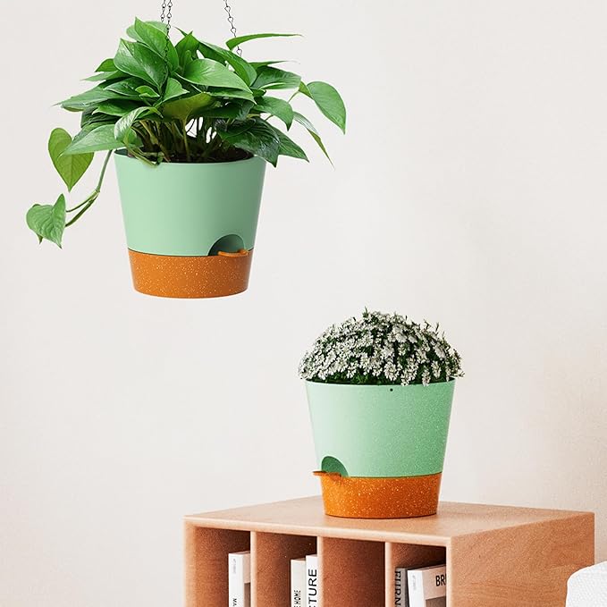 Hanging Planters for Indoor Outdoor Plants, 2 Pack Self Watering Hanging Pot with Drainage Holes and Plant Hangers, Hanging Baskets Flower Pots for Home Garden Decor (Green, 10 inch)