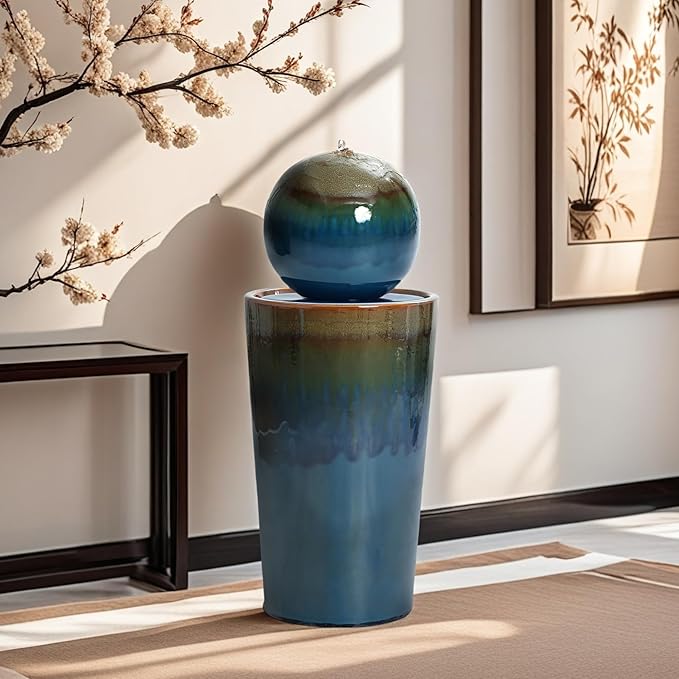 LuxenHome 30" Water Fountain Outdoor and Indoor, Glazed Blue Bubbling Sphere Ceramic Garden Outdoor Water Fountain, Elegant Modern Waterfall Garden Decor for Patio, Lawn, and Backyard