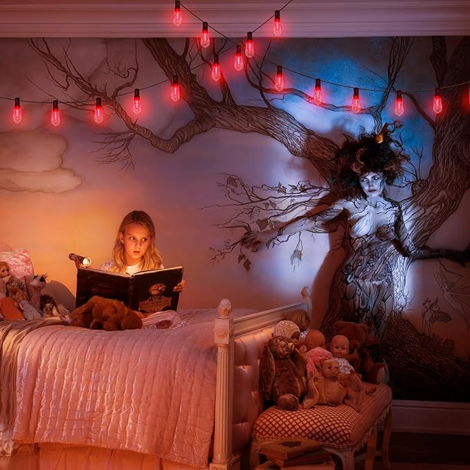 Abeja LED Flame String Lights, 10Ft ST40 Halloween Flicker Flame String Lights with 10 LED Flame Bloody Tears Bulbs, Hanging Outdoor Halloween Light for Patio Garden Party Backyard -Black