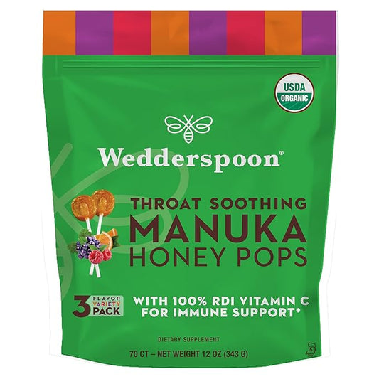 Wedderspoon Organic Manuka Honey Lollipops, Variety Pack, 70 Count (Pack of 1) Genuine Manuka Honey + Vitamin C No Artificial Flavors or Dye Feel Better Lollipop for Kids & Grown-ups