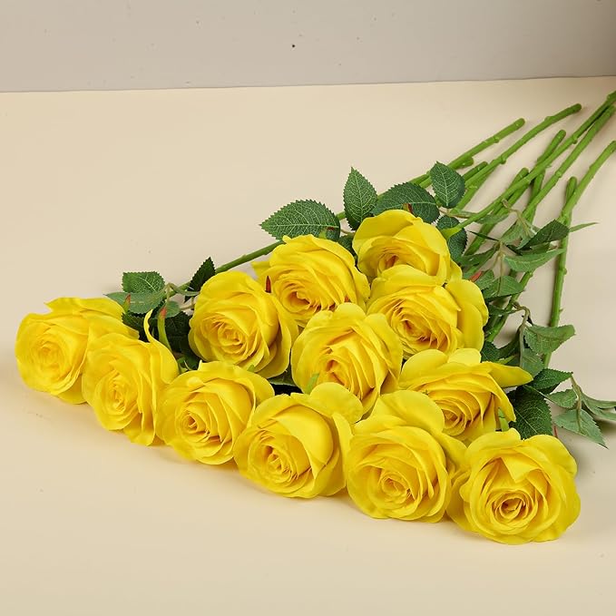 12pcs Yellow Roses Artificial Flowers Fake Roses Silk Flowers Roses with Long Stems for Wedding Home Party Centerpieces Decorations