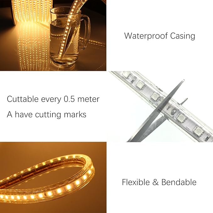 5050-60 Type AC 110-120V LED Strip Lights, Flexible/Waterproof/Dimmable/Multi-Modes LED Rope Light + 23 Keys Remote for Home/Garden/Building Decoration (32.8ft/10m, Warm White 3500K)