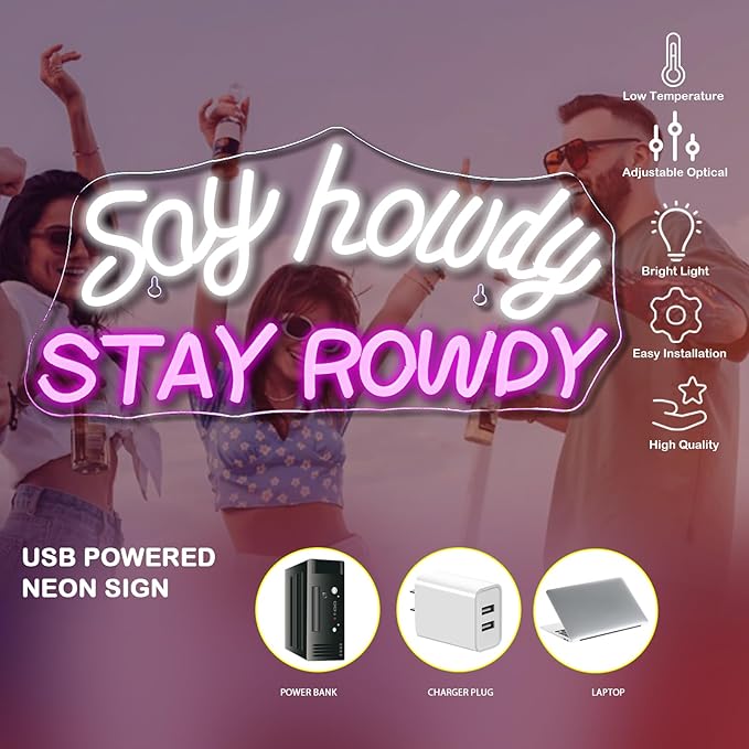 Say Howdy Stay Rowdy Neon Sign Wall Decor, Dimmable Neon Light For Man Cave Pub Beer Bar Bedroom Recreation Room Gift