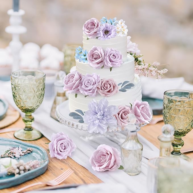 AGIRL Rose Artificial Flowers Combo Fake Flowers Purple White Silk Flowers Fake Floral Arrangements Cake Flowers for DIY Wedding Bouquets Centerpieces Table Decor Baby Shower Home Decor
