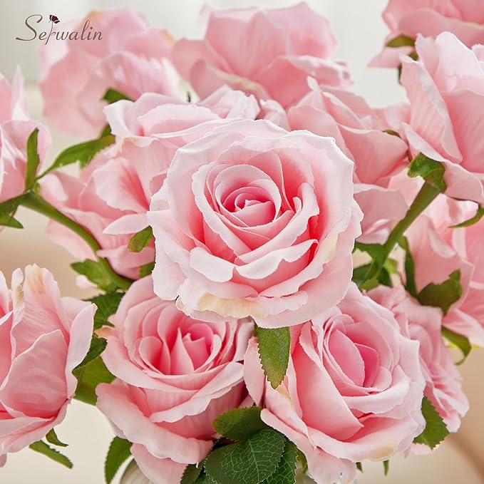 Serwalin 20pcs Bright Pink Artificial Roses, 4'' Big Flower Head, Velvet Roses Real Touch, Silk Fake Roses Long Stem Realistic Bouquet for Wedding Table Centerpiece and Home Decor